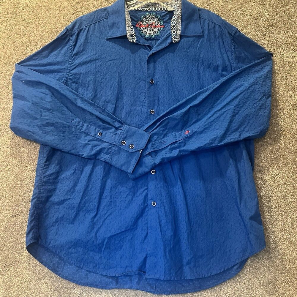 Robert Graham Dress Shirt 2TG 2XL Blue Geometric Jacquard Pattern Coupe Classiqu